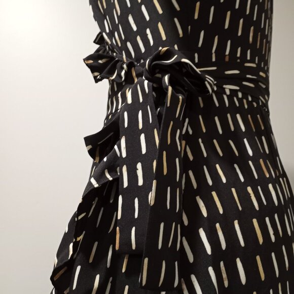 LARK & RO BLACK|BEIGE PRINT RUFFLE EDGED WRAP MIDI DRESS WOMEN SIZE M - Picture 6 of 9